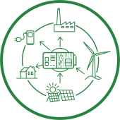 Micro-Grid Icon stellt die Anwendung von Batteriespeichern in Micro-Grids dar